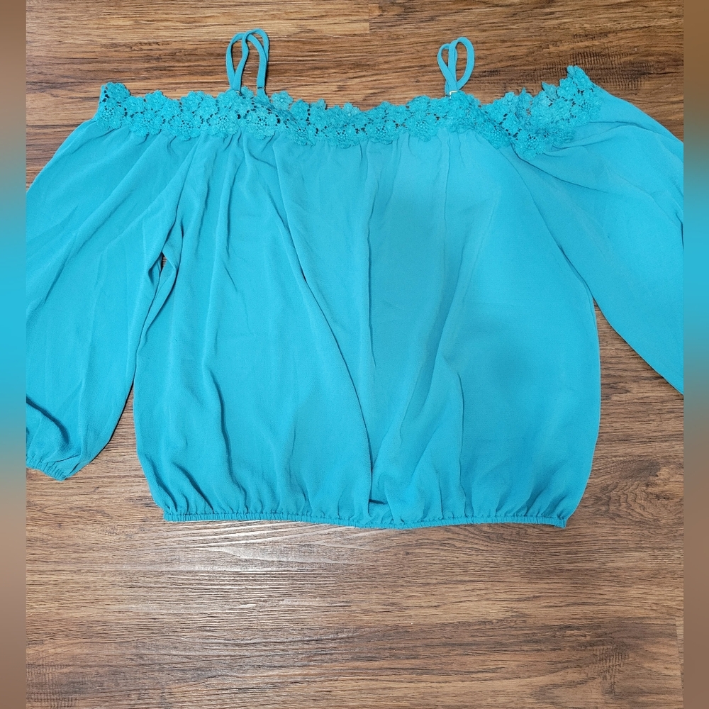 Nicole Miller Teal Lace Off-Shoulder Blouse